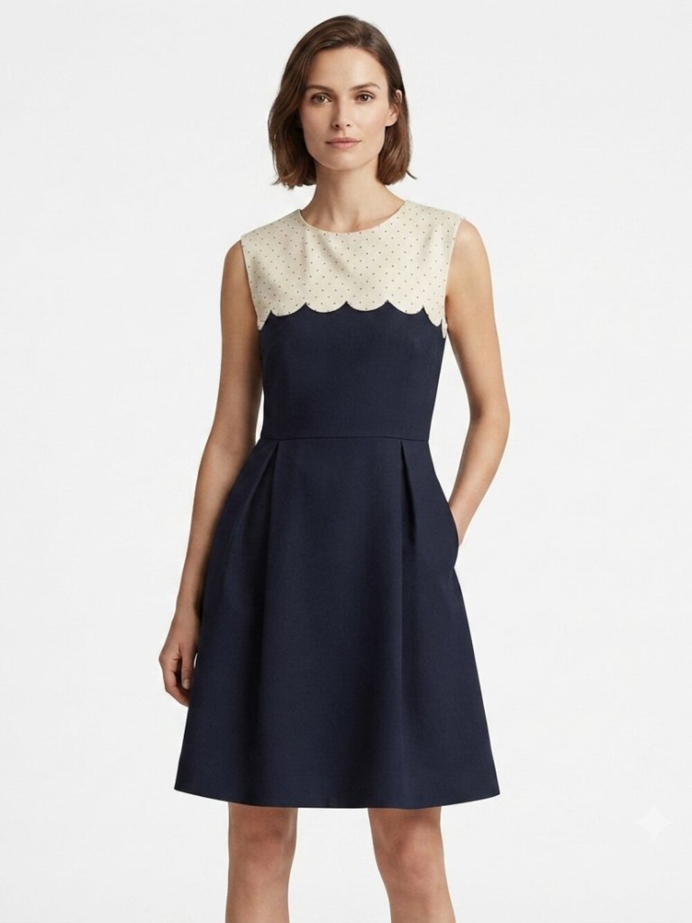 MISS PATINA NAVY BEIGE POLKA DOT A-LINE DRESS - S